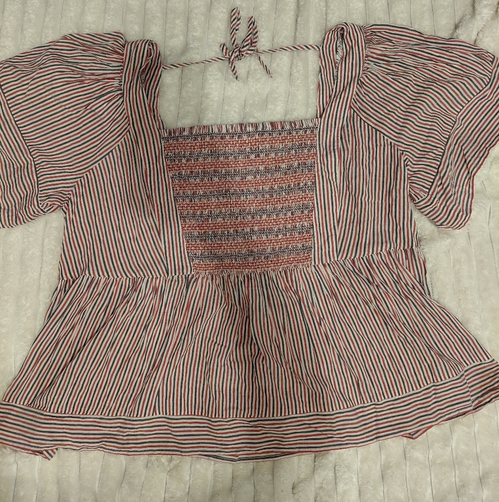 Linen Patriotic Flutter Sleeve Striped Smocked Babydoll Blouse - Picture 2 of 6
